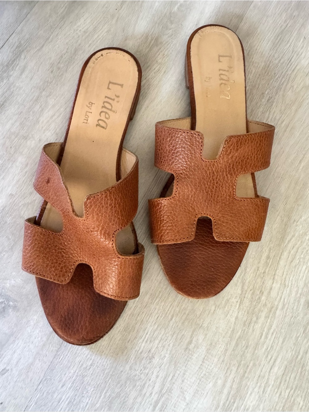 Women's Tan Leather Slide Sandals - Textured Double Strap